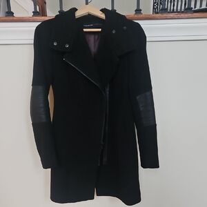 Stylish Black Trench Coat with Leather Details